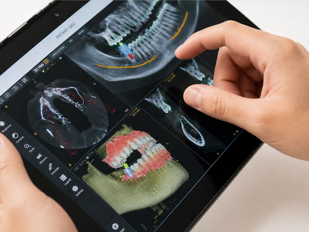 A 3D dental scan being reviewed on a tablet, used to help plan implant treatment